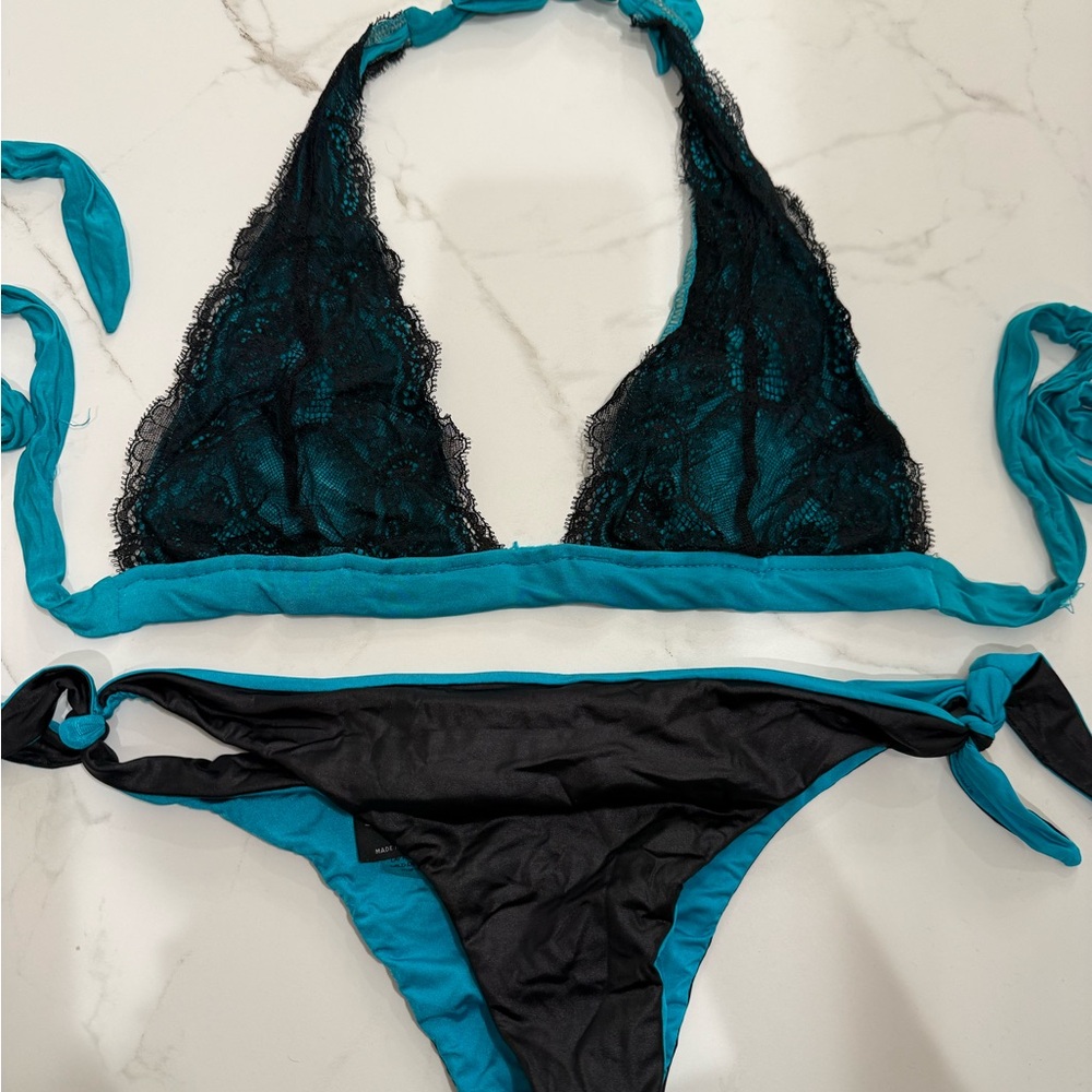 Beach Bunny Teal and Black Lace Trim Bikini Set